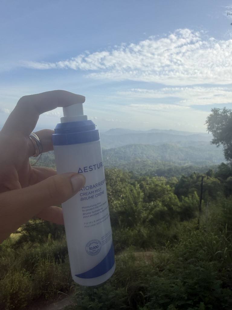 Aestura Atobarrier cream on a hotel bathroom shelf