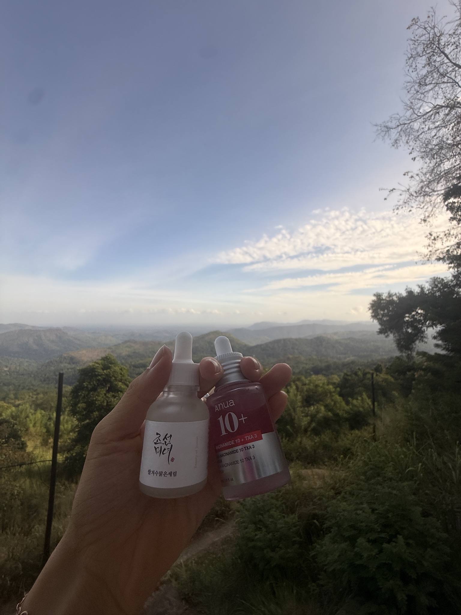 Beauty of Joseon serum and Anua 10+ held up against the hills